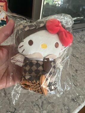 Hello Kitty Plush Keychain in Brown Plaid with Red Bow